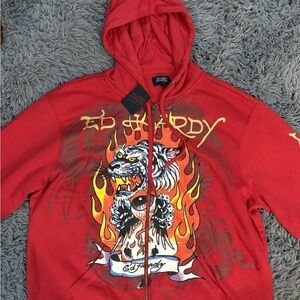 Ed Hardy Men's Full-Zip Hoodie - White Tiger Flames - Size: XL